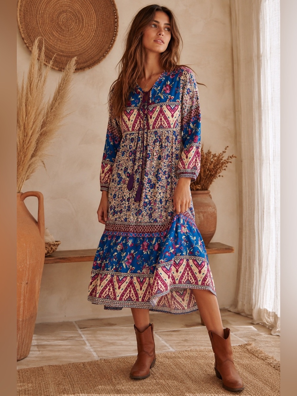 R. Vivimos Boho Prairie Floral Midi Dress Small Cottagecore Festival Hippie